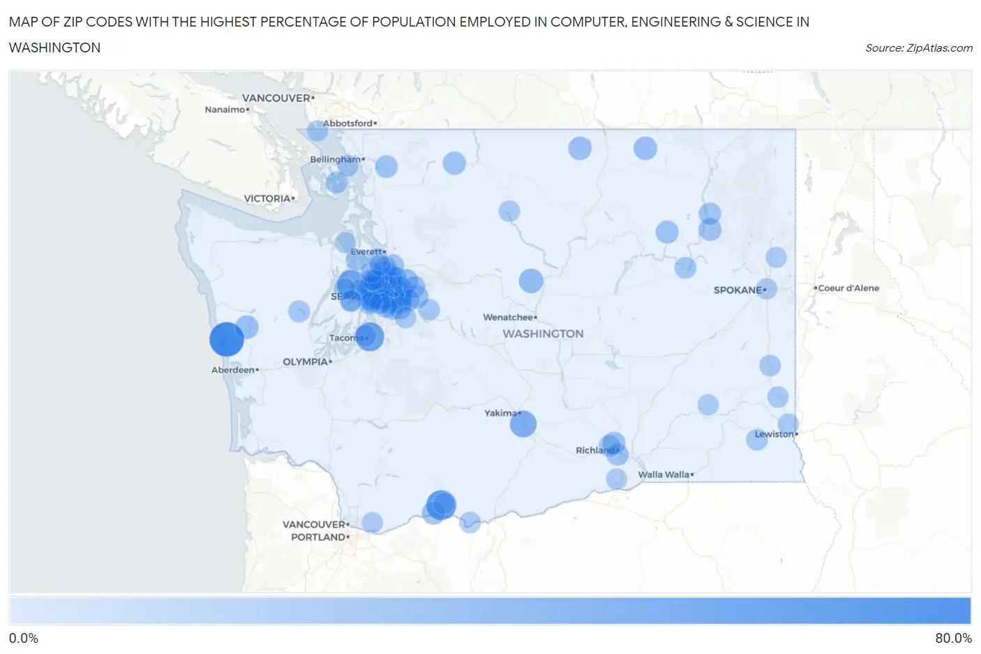 Zip Codes with the Highest Percentage of Population Employed in Computer, Engineering & Science in Washington Map