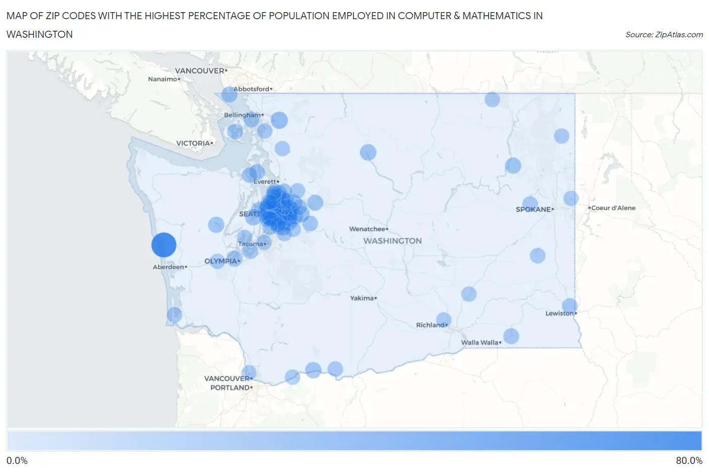 Zip Codes with the Highest Percentage of Population Employed in Computer & Mathematics in Washington Map