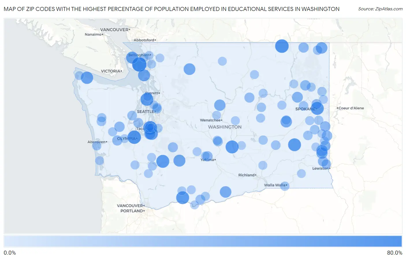 Zip Codes with the Highest Percentage of Population Employed in Educational Services in Washington Map