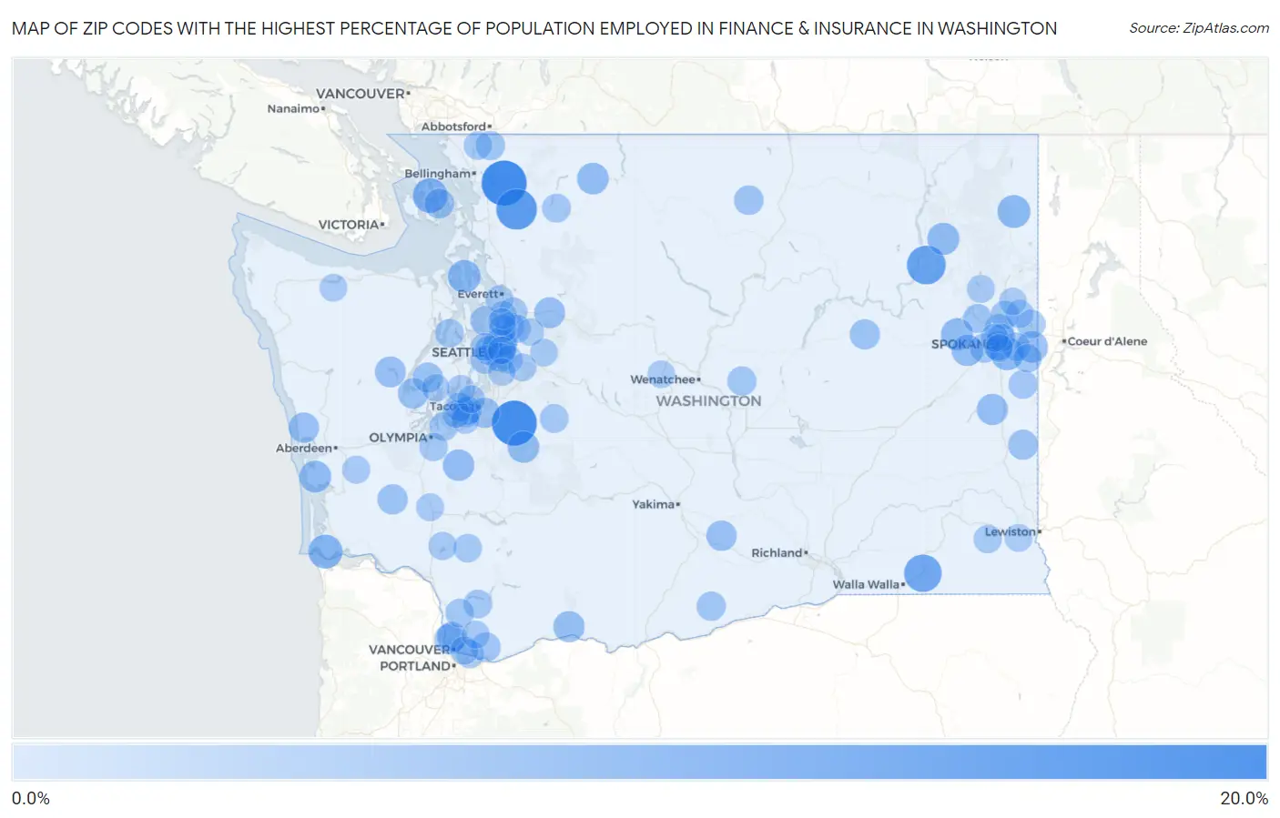 Zip Codes with the Highest Percentage of Population Employed in Finance & Insurance in Washington Map