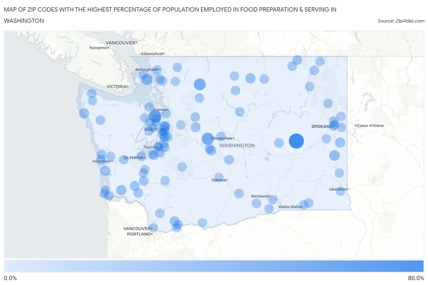 Zip Codes with the Highest Percentage of Population Employed in Food Preparation & Serving in Washington Map