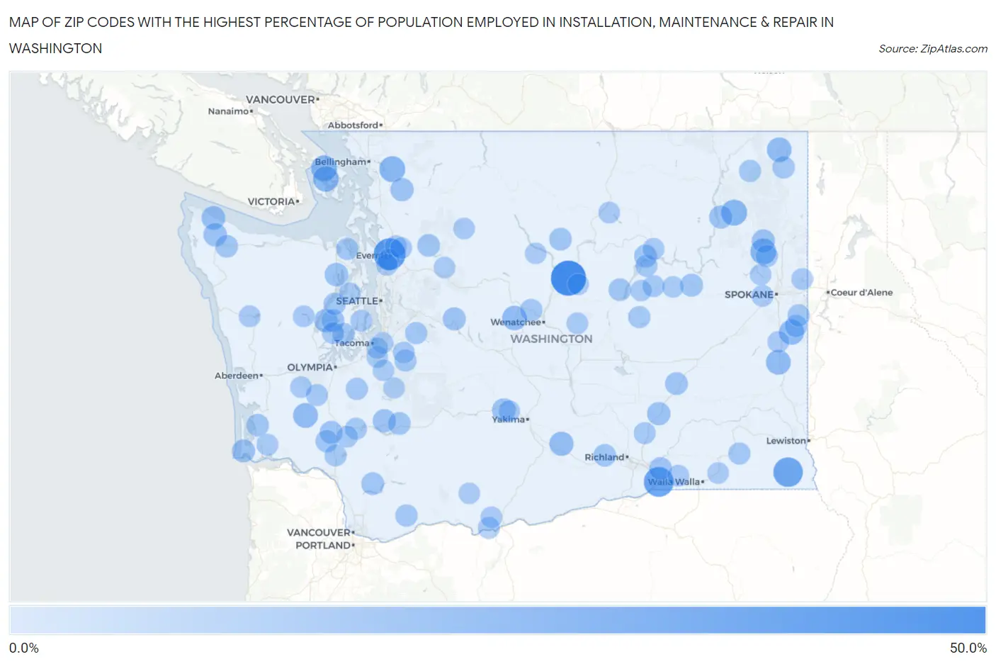 Zip Codes with the Highest Percentage of Population Employed in Installation, Maintenance & Repair in Washington Map