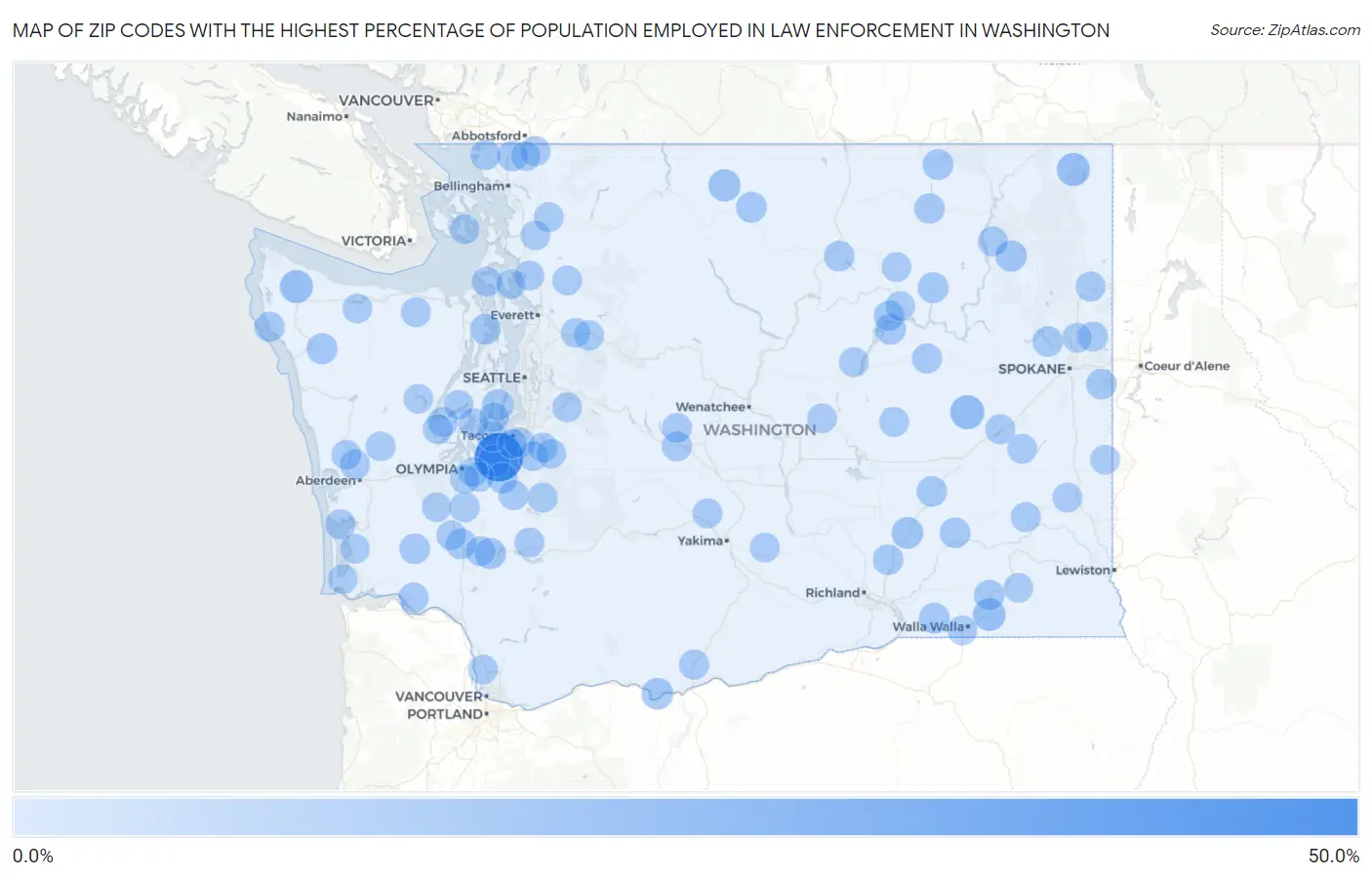Zip Codes with the Highest Percentage of Population Employed in Law Enforcement in Washington Map
