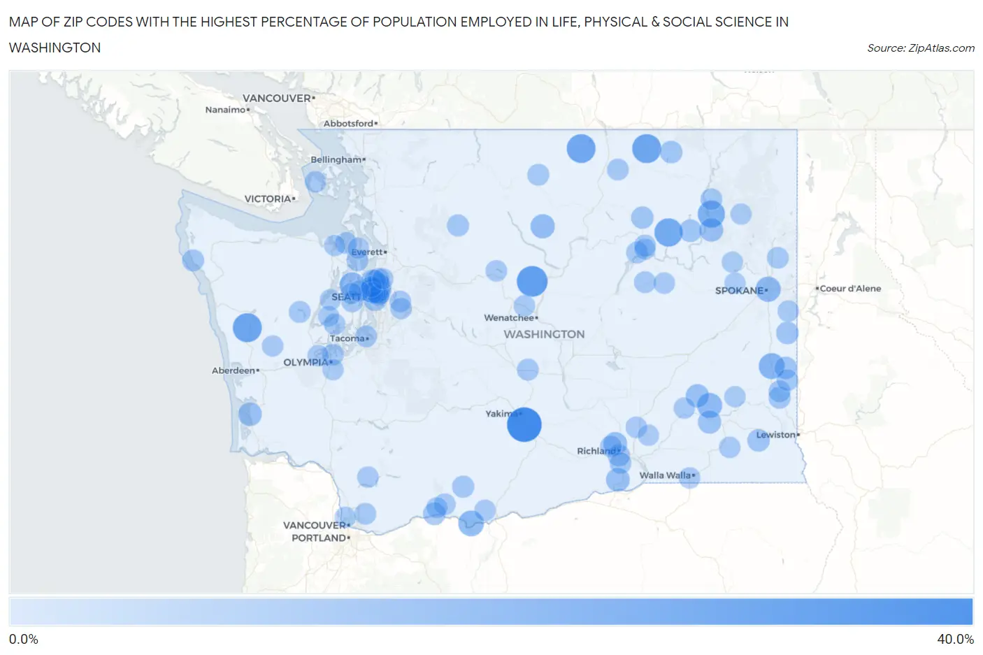 Zip Codes with the Highest Percentage of Population Employed in Life, Physical & Social Science in Washington Map