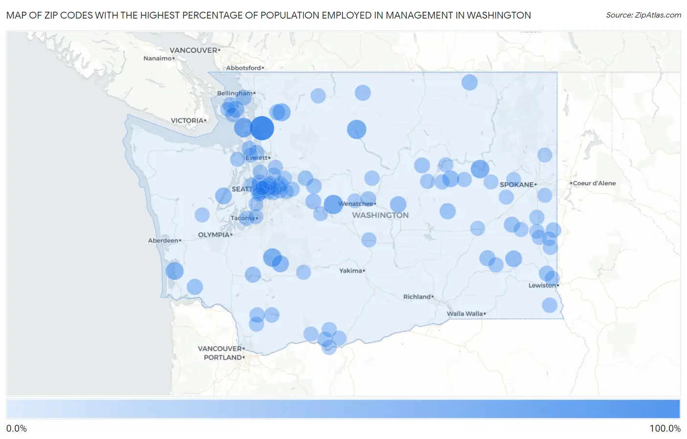 Zip Codes with the Highest Percentage of Population Employed in Management in Washington Map