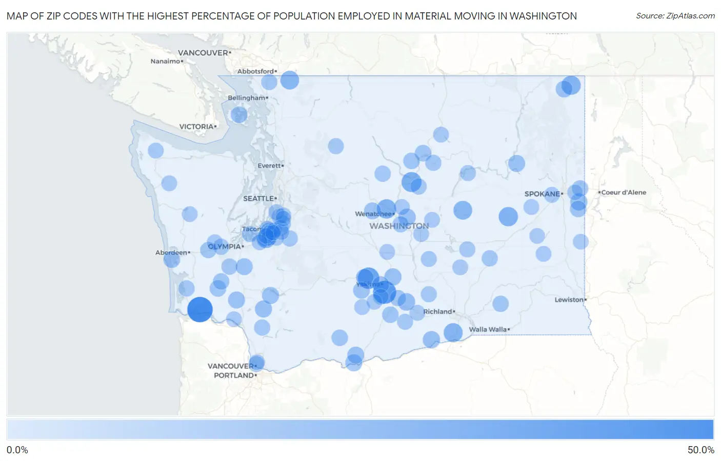 Zip Codes with the Highest Percentage of Population Employed in Material Moving in Washington Map