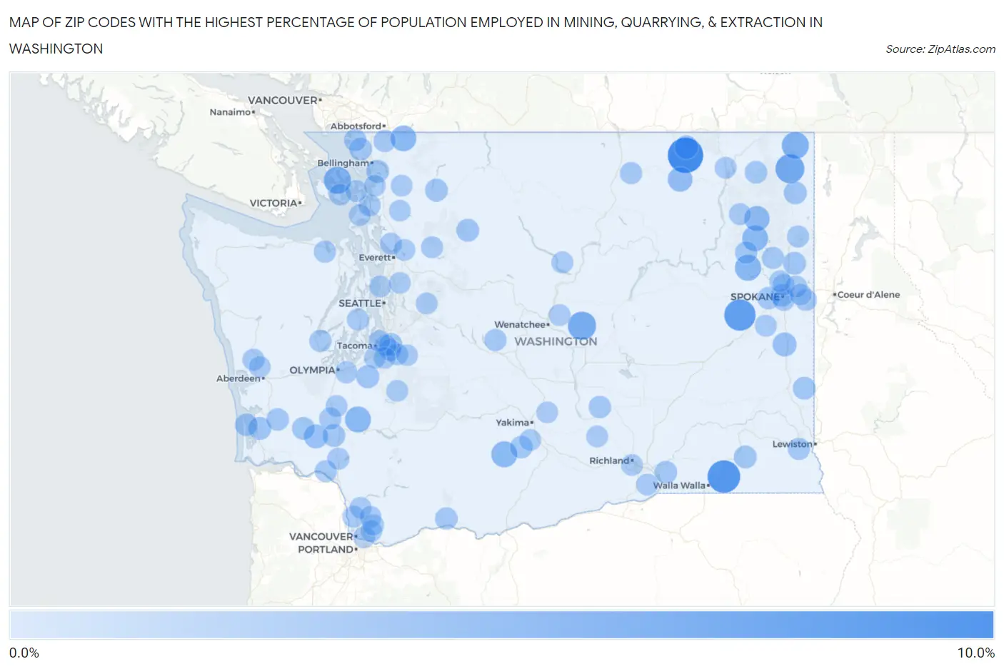 Zip Codes with the Highest Percentage of Population Employed in Mining, Quarrying, & Extraction in Washington Map