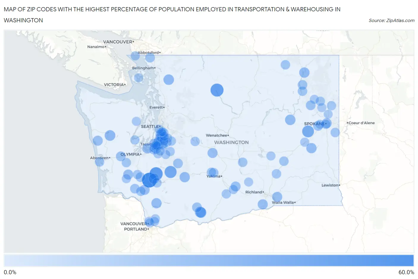 Zip Codes with the Highest Percentage of Population Employed in Transportation & Warehousing in Washington Map