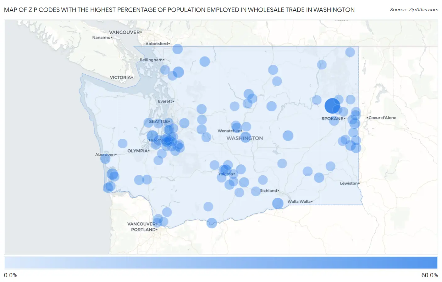 Zip Codes with the Highest Percentage of Population Employed in Wholesale Trade in Washington Map