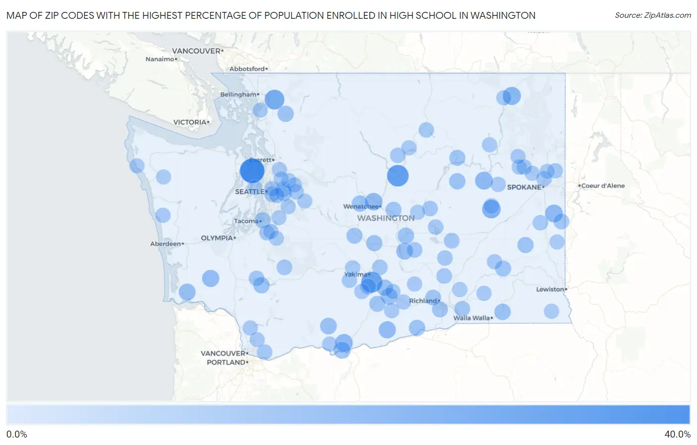 Zip Codes with the Highest Percentage of Population Enrolled in High School in Washington Map