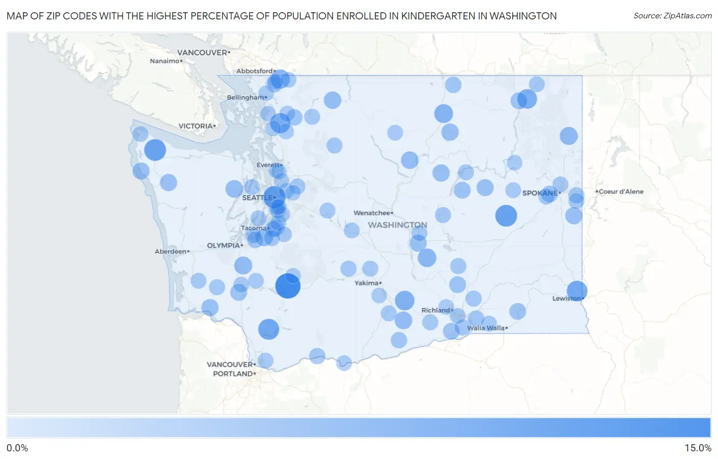 Zip Codes with the Highest Percentage of Population Enrolled in Kindergarten in Washington Map