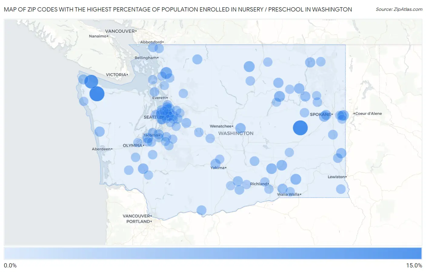 Zip Codes with the Highest Percentage of Population Enrolled in Nursery / Preschool in Washington Map