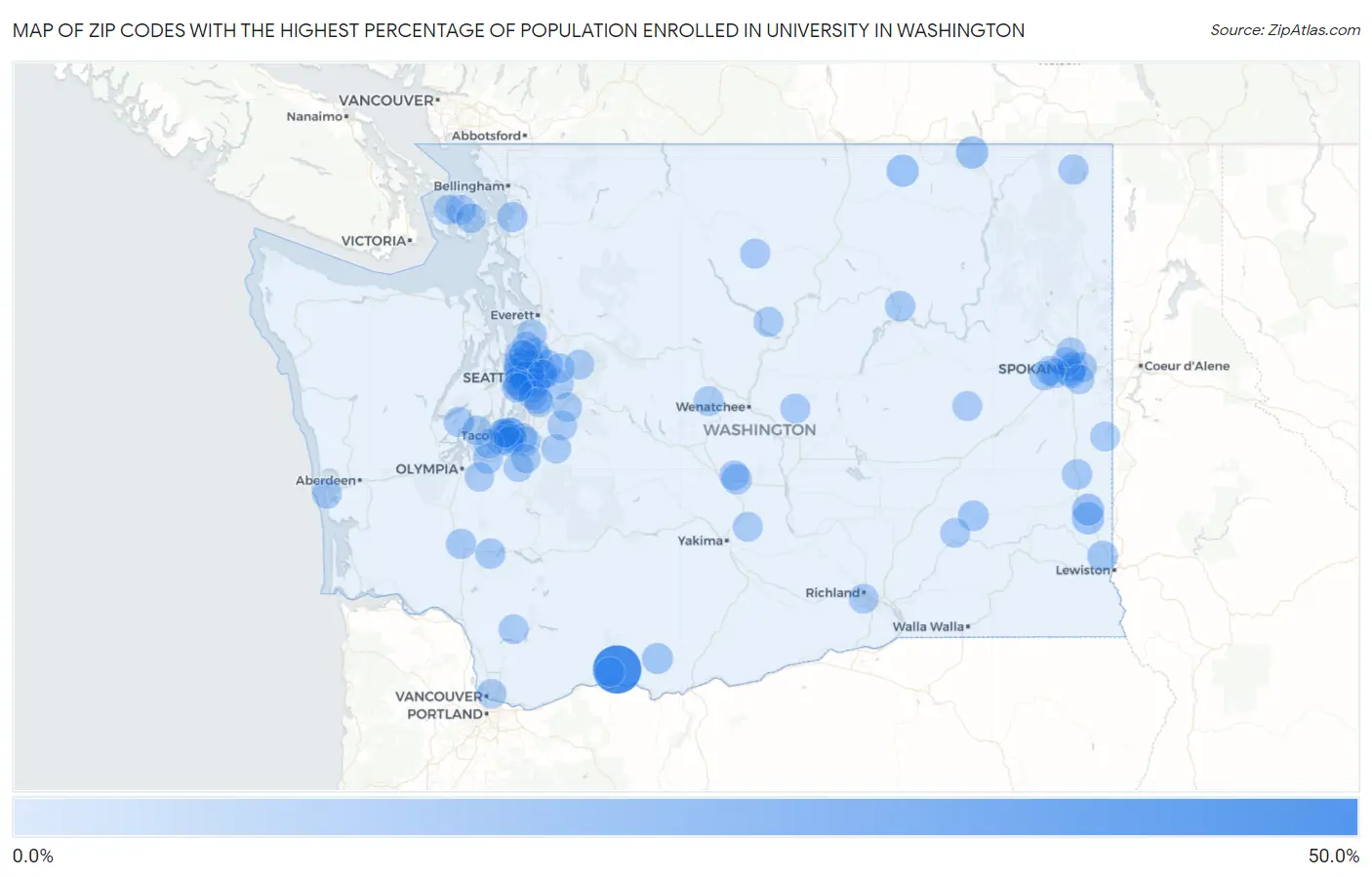 Zip Codes with the Highest Percentage of Population Enrolled in University in Washington Map