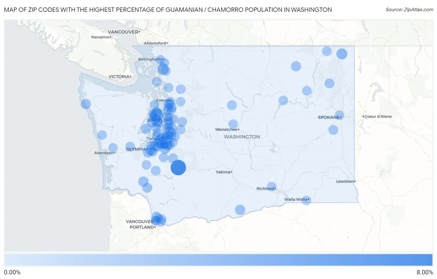 Zip Codes with the Highest Percentage of Guamanian / Chamorro Population in Washington Map