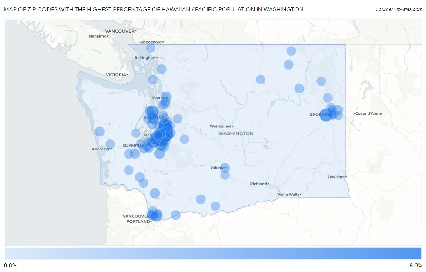 Zip Codes with the Highest Percentage of Hawaiian / Pacific Population in Washington Map