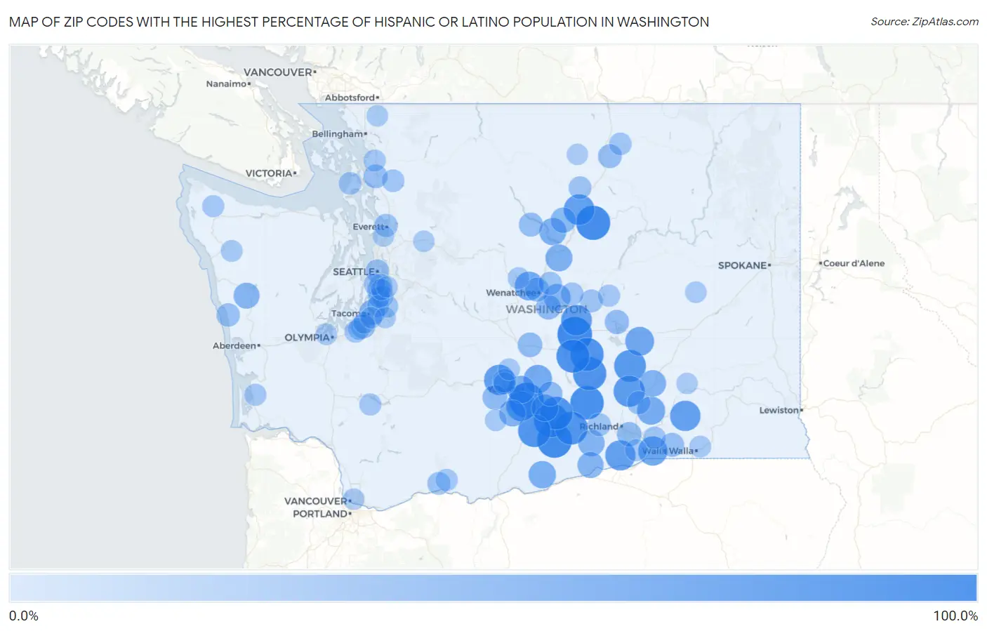 Zip Codes with the Highest Percentage of Hispanic or Latino Population in Washington Map