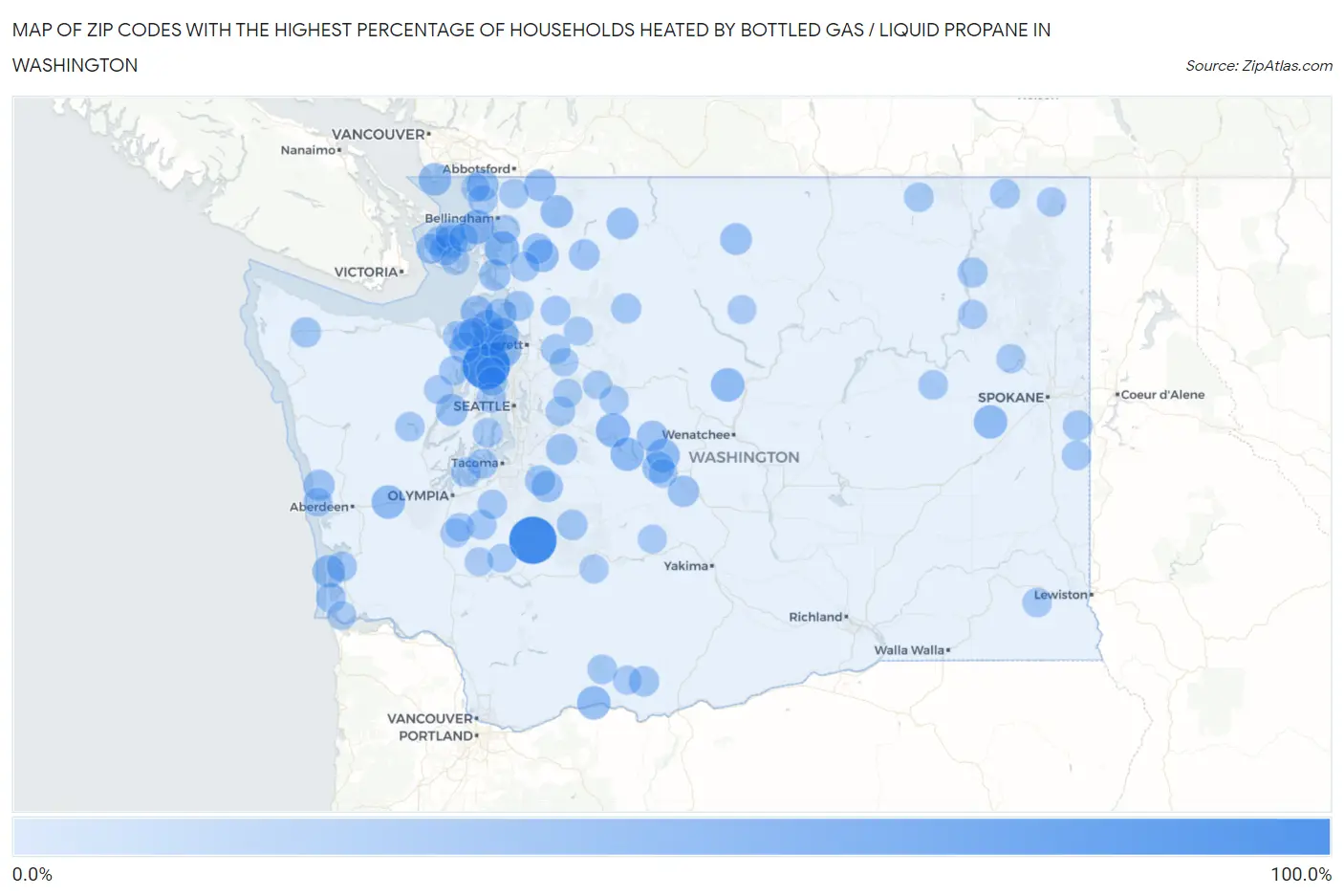 Zip Codes with the Highest Percentage of Households Heated by Bottled Gas / Liquid Propane in Washington Map
