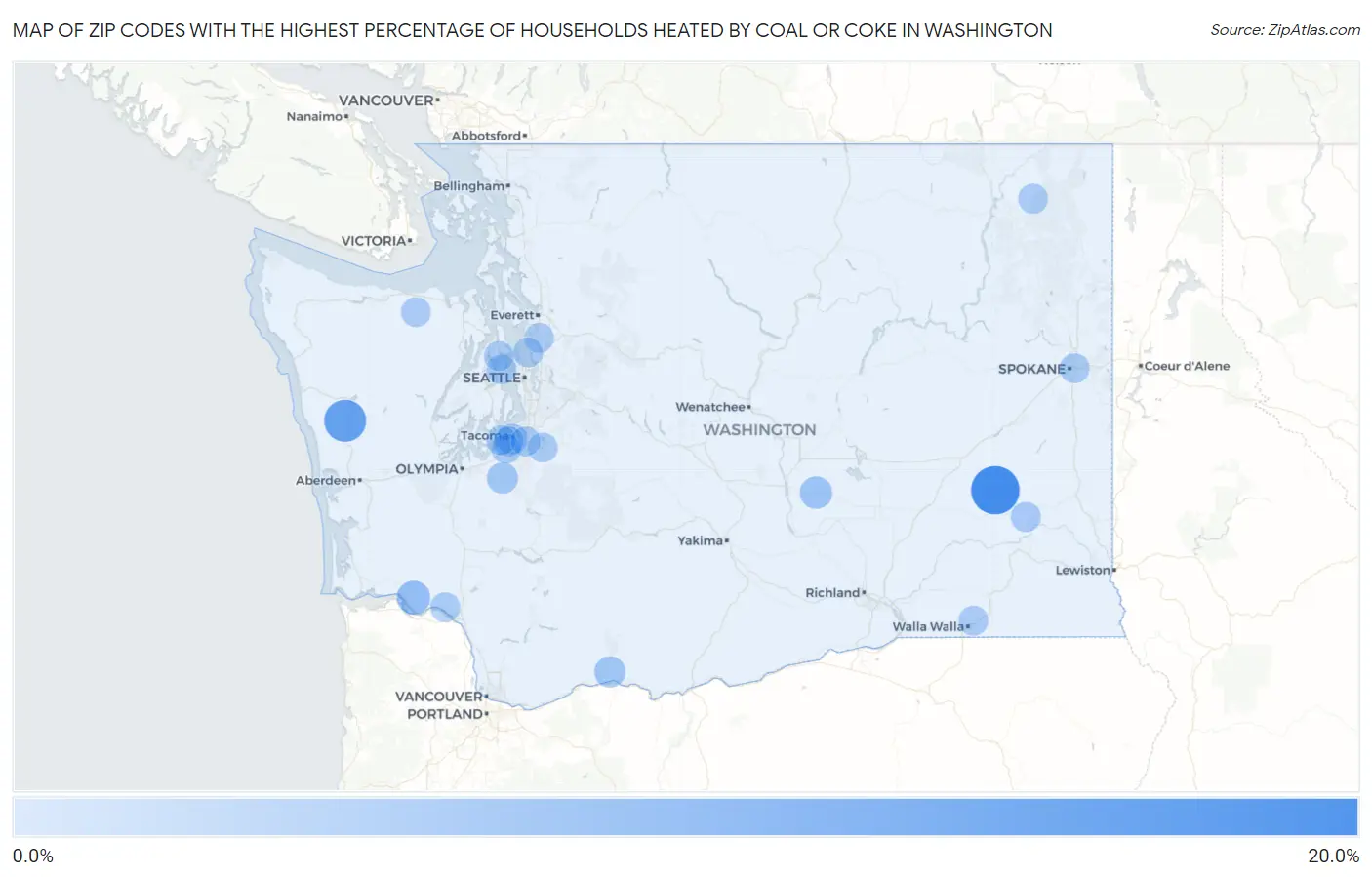 Zip Codes with the Highest Percentage of Households Heated by Coal or Coke in Washington Map