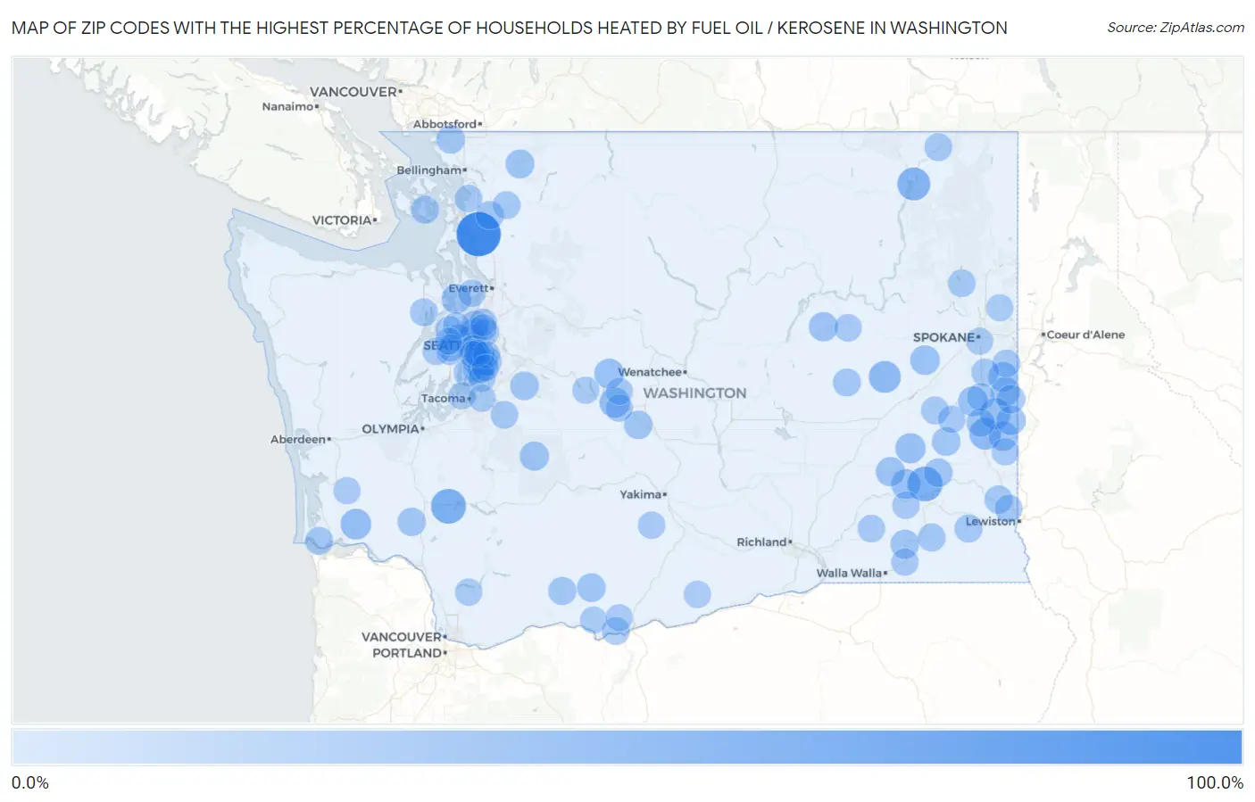 Zip Codes with the Highest Percentage of Households Heated by Fuel Oil / Kerosene in Washington Map