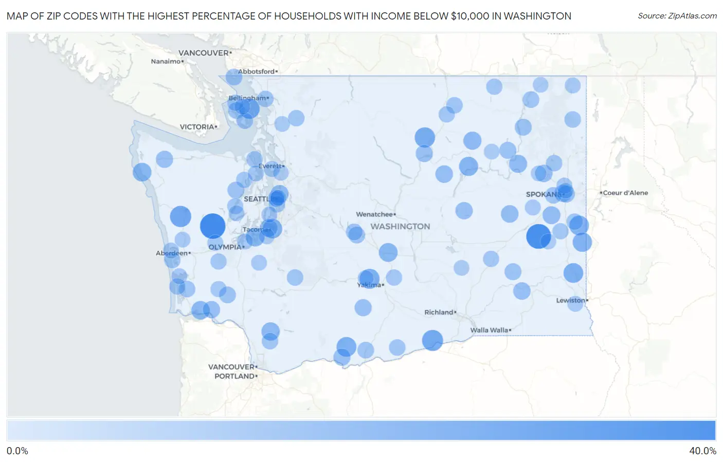 Zip Codes with the Highest Percentage of Households with Income Below $10,000 in Washington Map
