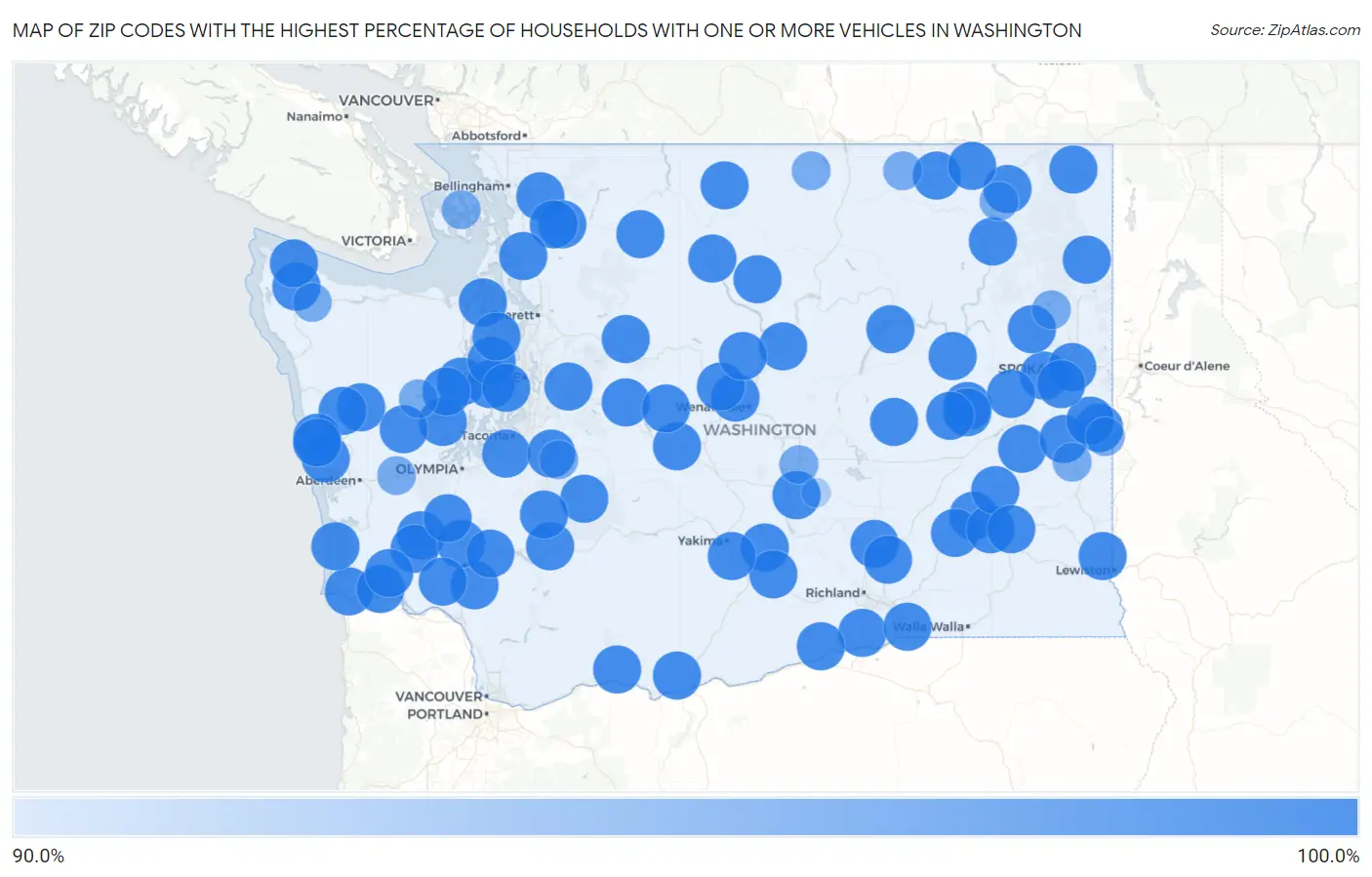 Zip Codes with the Highest Percentage of Households With One or more Vehicles in Washington Map