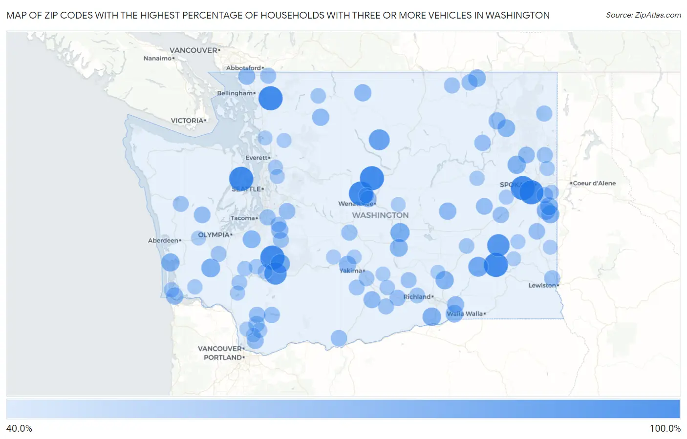 Zip Codes with the Highest Percentage of Households With Three or more Vehicles in Washington Map