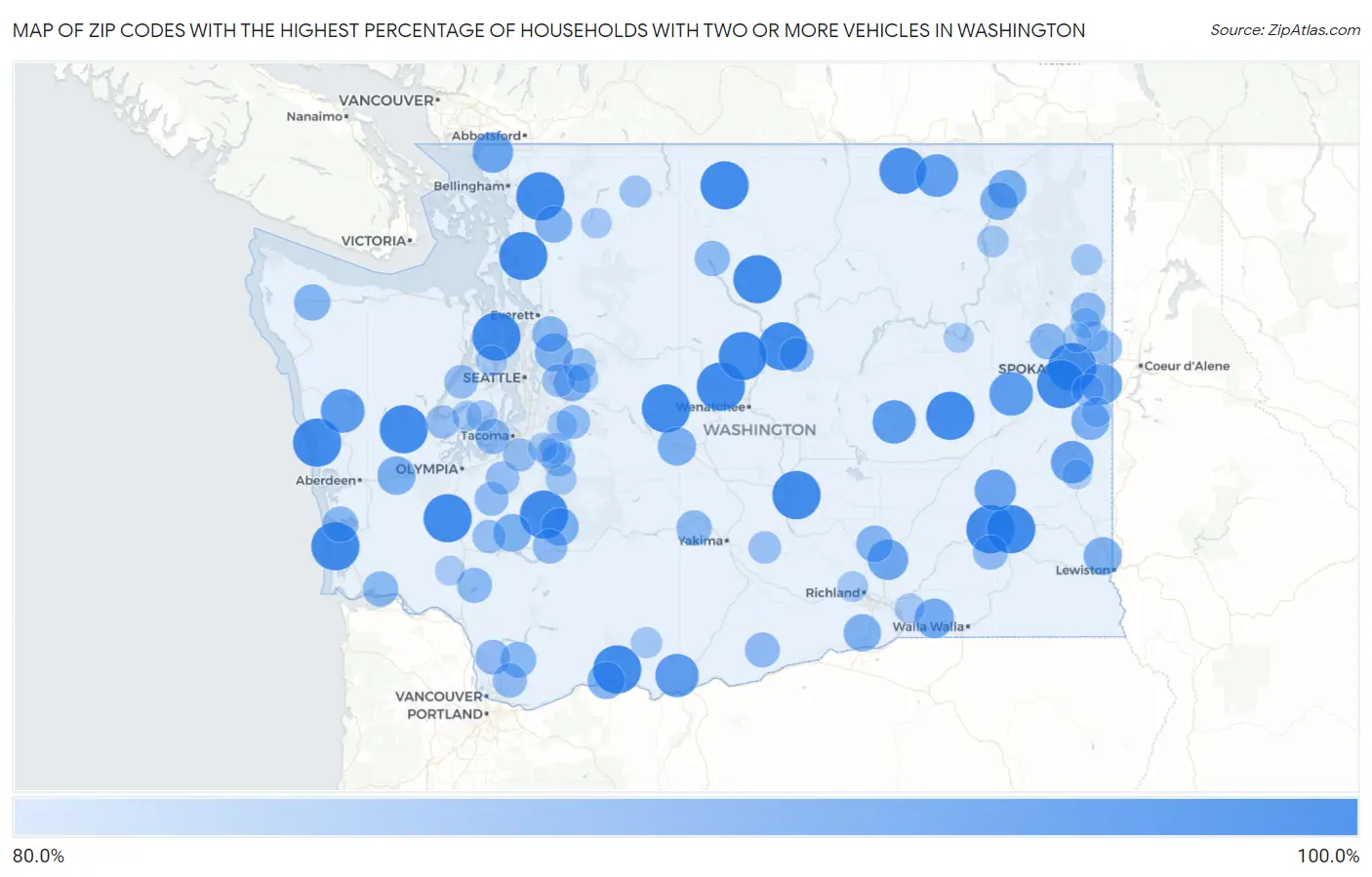 Zip Codes with the Highest Percentage of Households With Two or more Vehicles in Washington Map