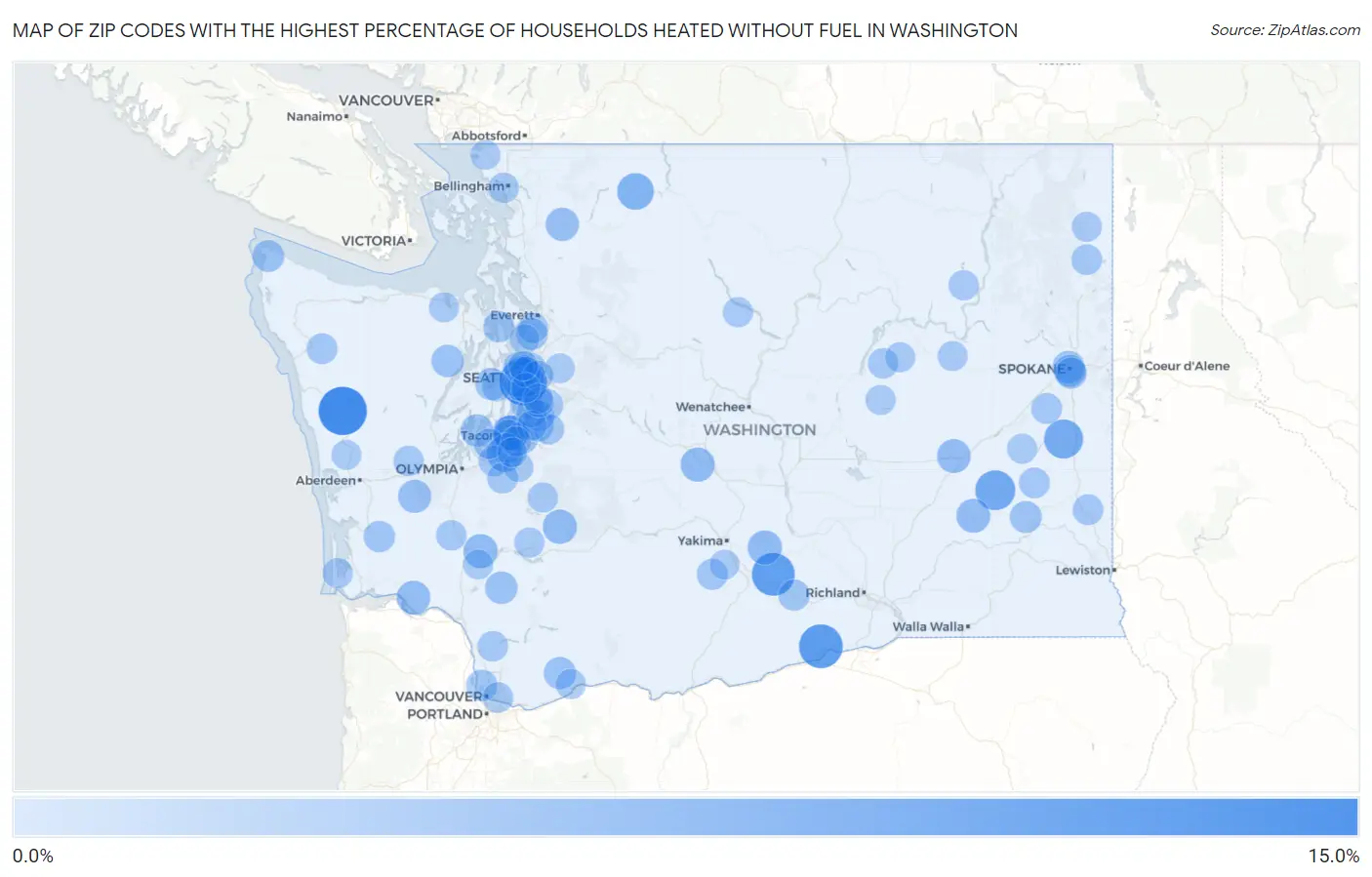 Zip Codes with the Highest Percentage of Households Heated without Fuel in Washington Map