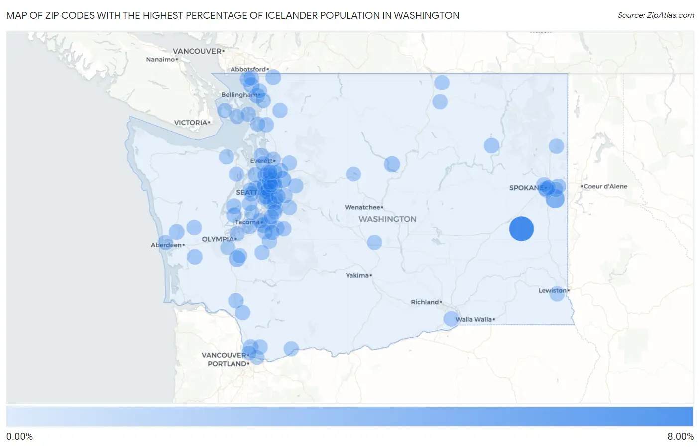 Zip Codes with the Highest Percentage of Icelander Population in Washington Map