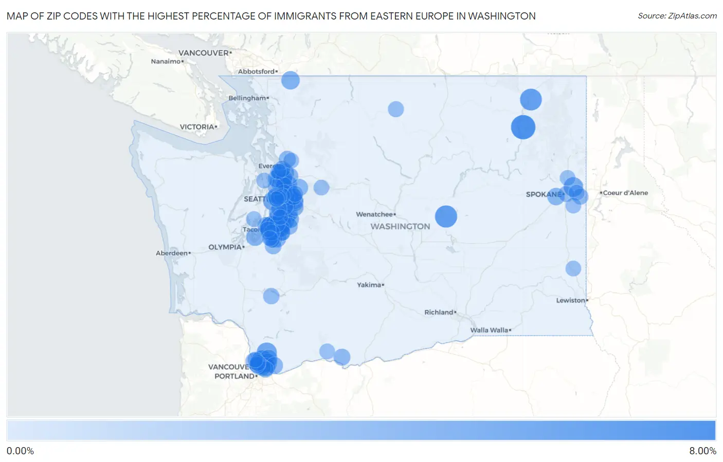 Zip Codes with the Highest Percentage of Immigrants from Eastern Europe in Washington Map