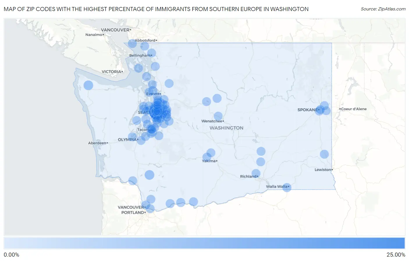 Zip Codes with the Highest Percentage of Immigrants from Southern Europe in Washington Map