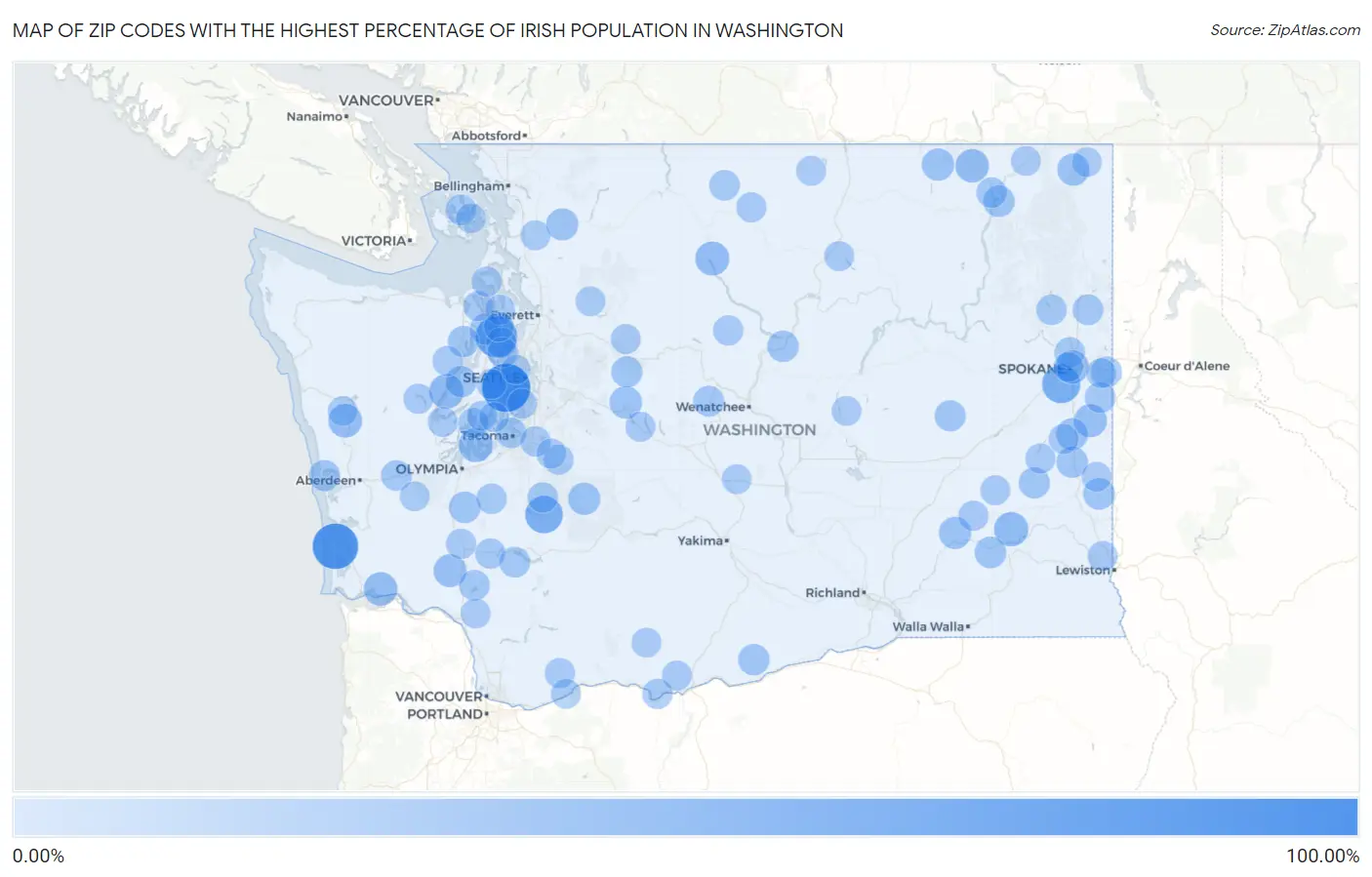 Zip Codes with the Highest Percentage of Irish Population in Washington Map