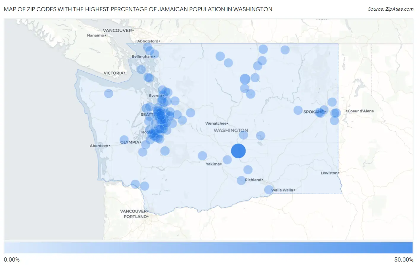 Zip Codes with the Highest Percentage of Jamaican Population in Washington Map