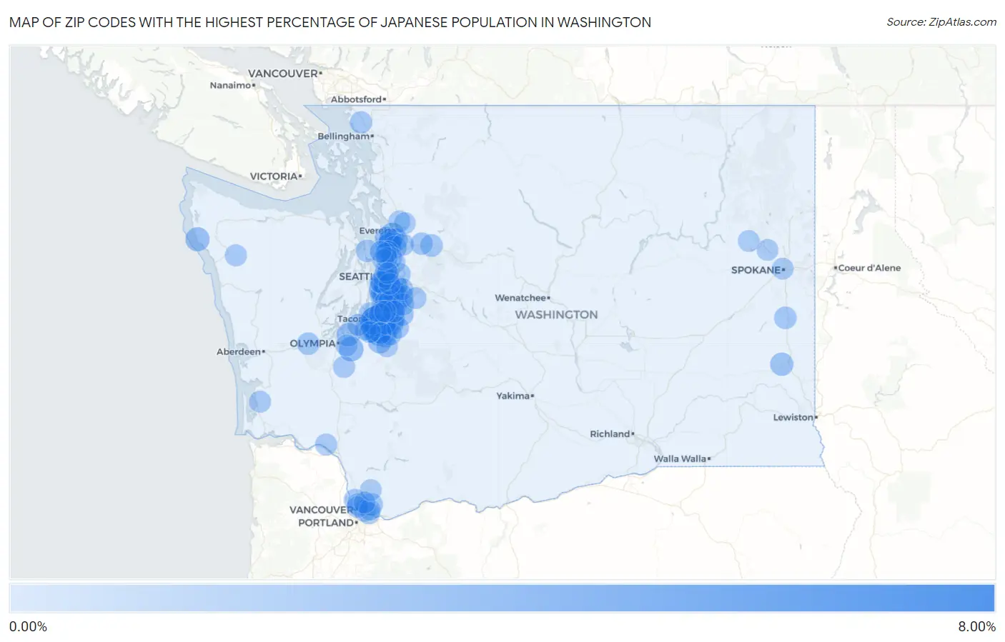 Zip Codes with the Highest Percentage of Japanese Population in Washington Map