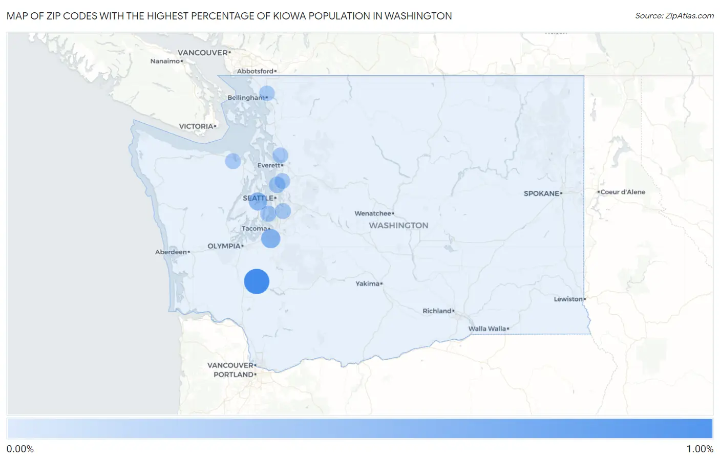 Zip Codes with the Highest Percentage of Kiowa Population in Washington Map