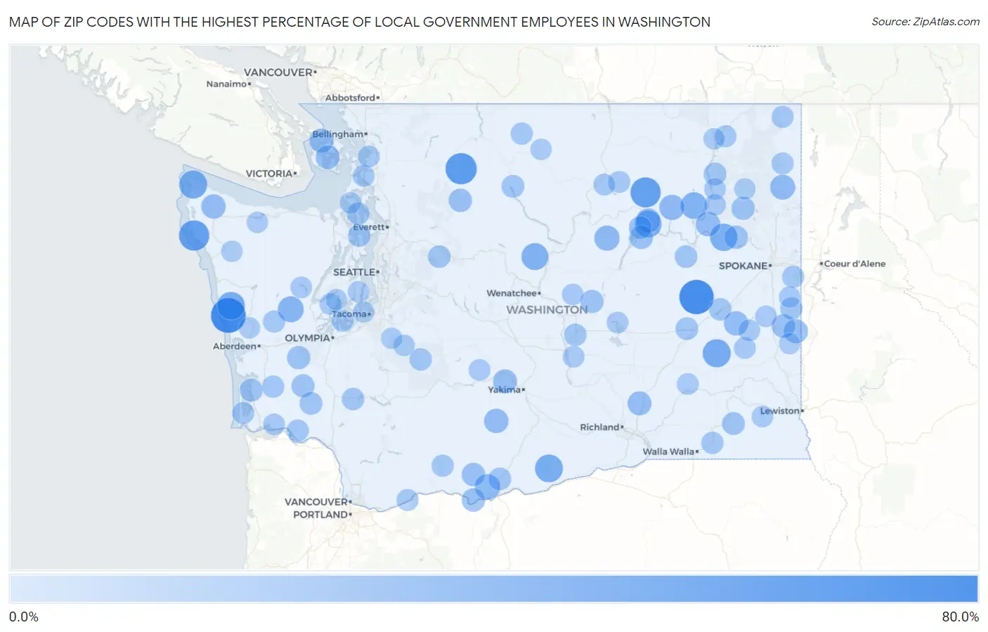 Zip Codes with the Highest Percentage of Local Government Employees in Washington Map