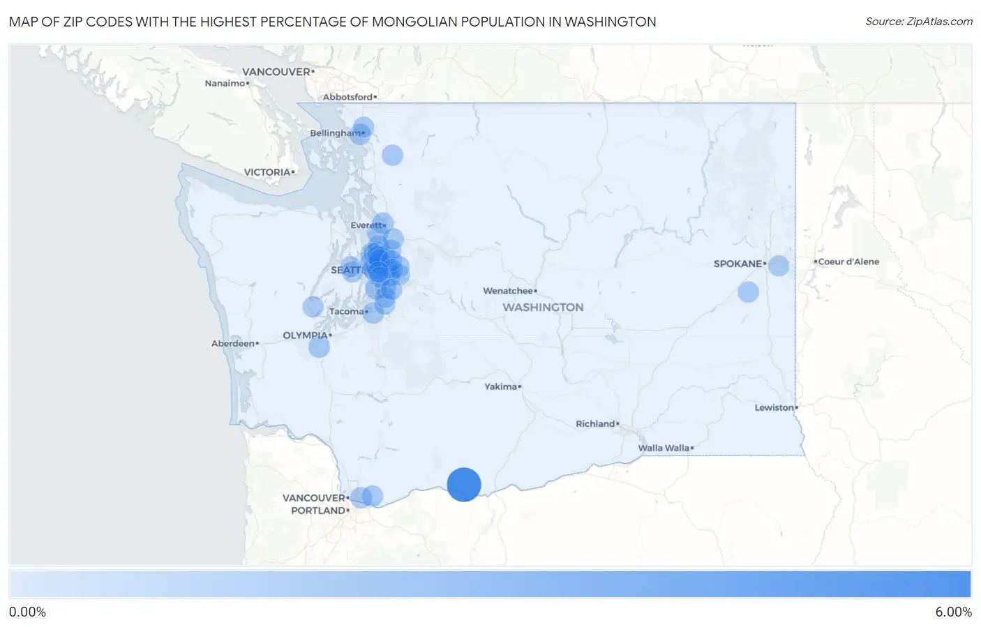 Zip Codes with the Highest Percentage of Mongolian Population in Washington Map