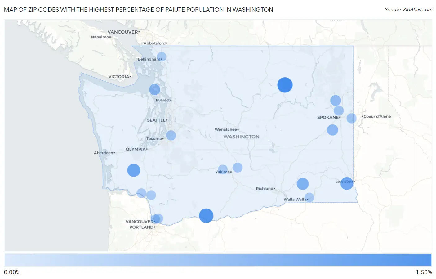 Zip Codes with the Highest Percentage of Paiute Population in Washington Map