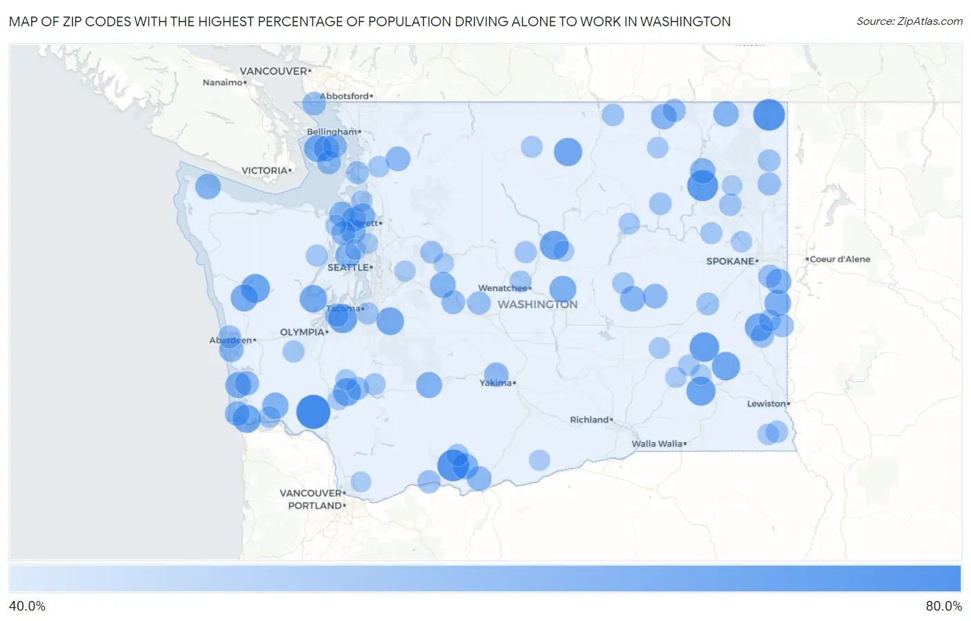 Zip Codes with the Highest Percentage of Population Driving Alone to Work in Washington Map