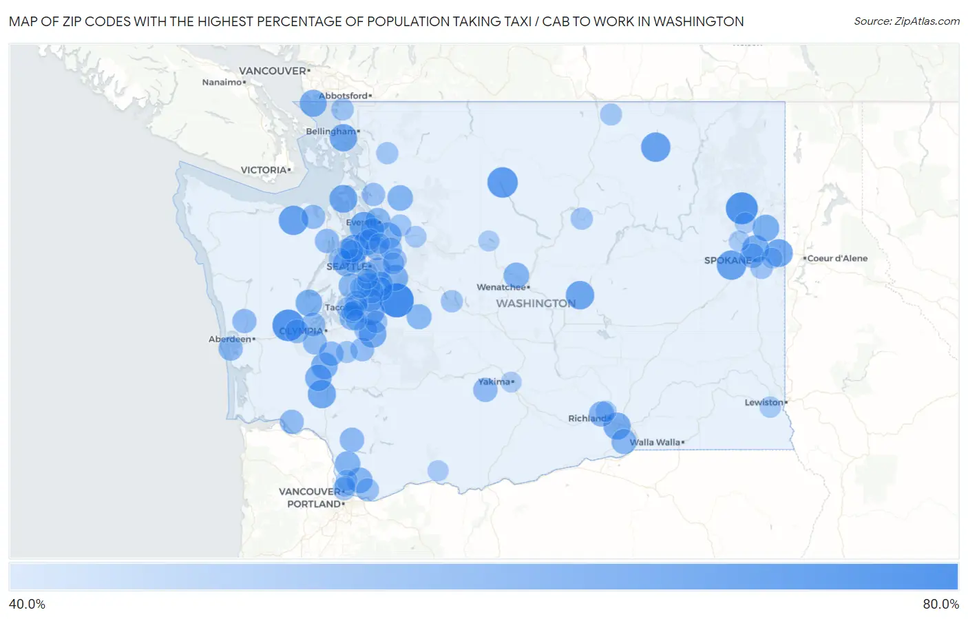 Zip Codes with the Highest Percentage of Population Taking Taxi / Cab to Work in Washington Map