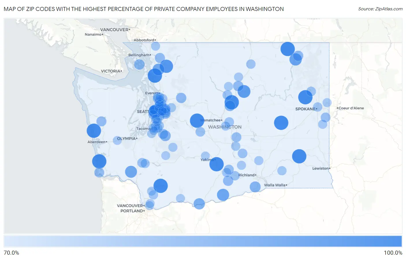 Zip Codes with the Highest Percentage of Private Company Employees in Washington Map