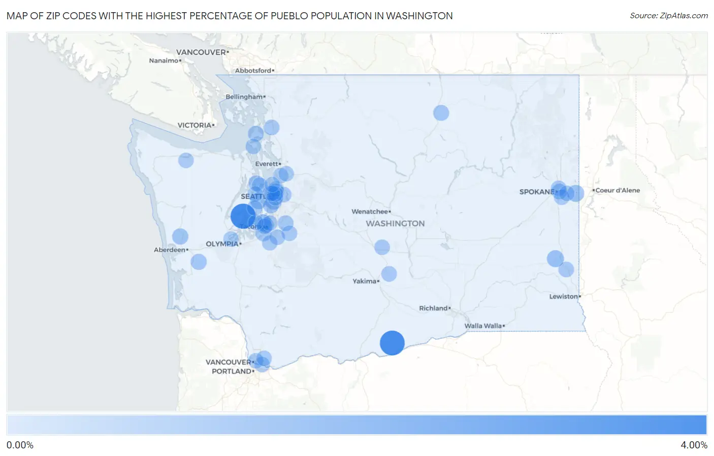 Zip Codes with the Highest Percentage of Pueblo Population in Washington Map