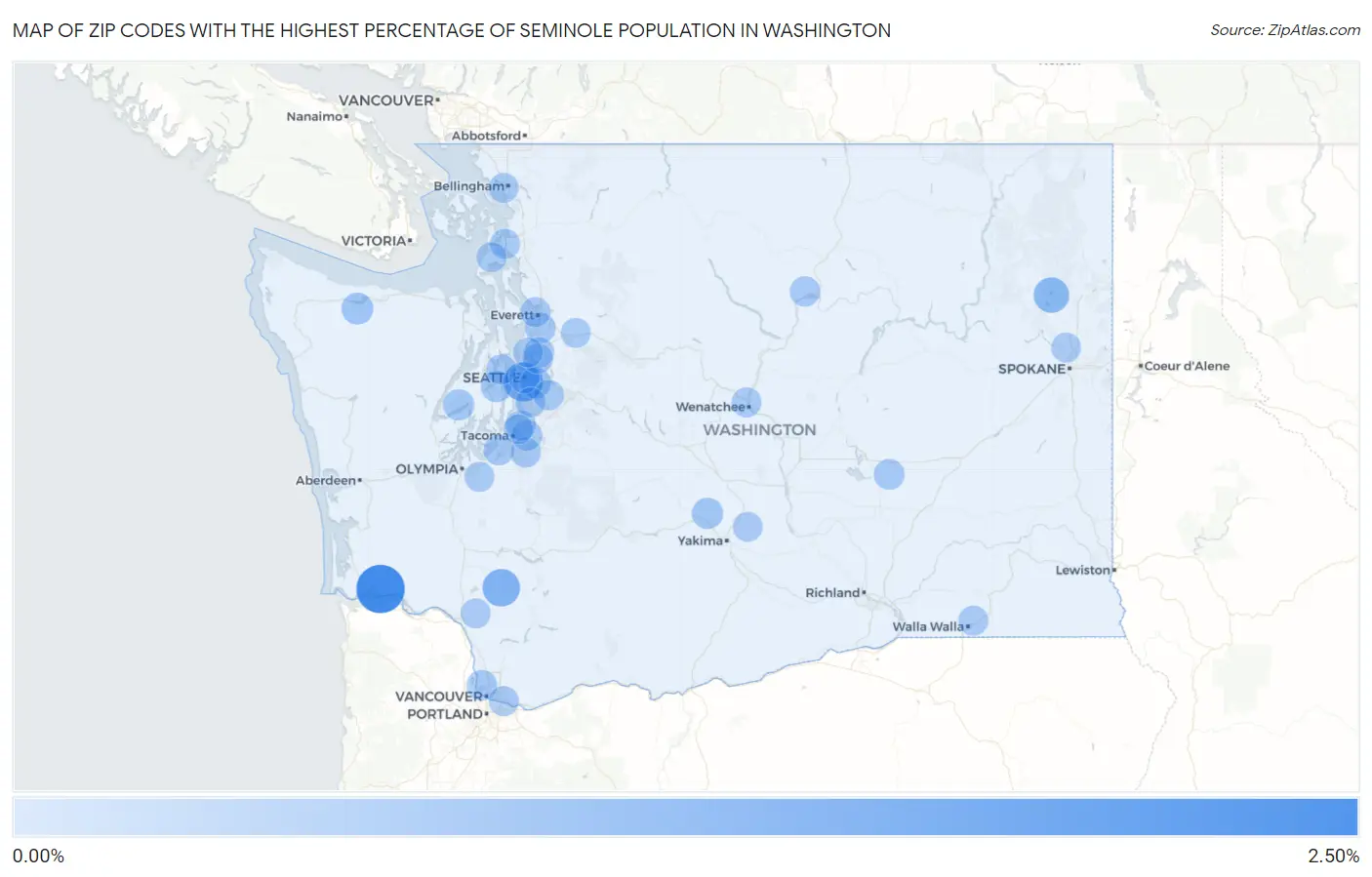 Zip Codes with the Highest Percentage of Seminole Population in Washington Map