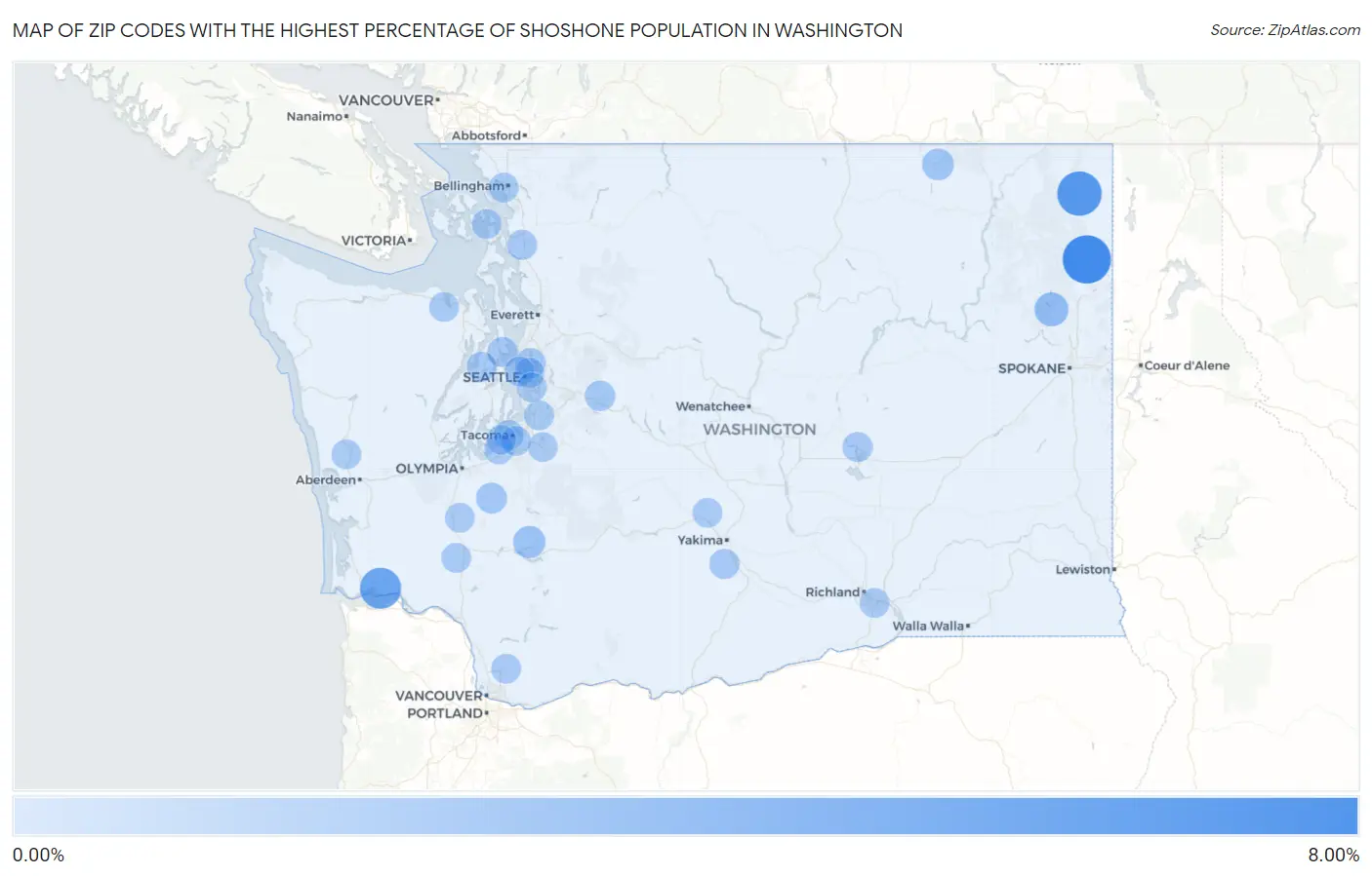 Zip Codes with the Highest Percentage of Shoshone Population in Washington Map