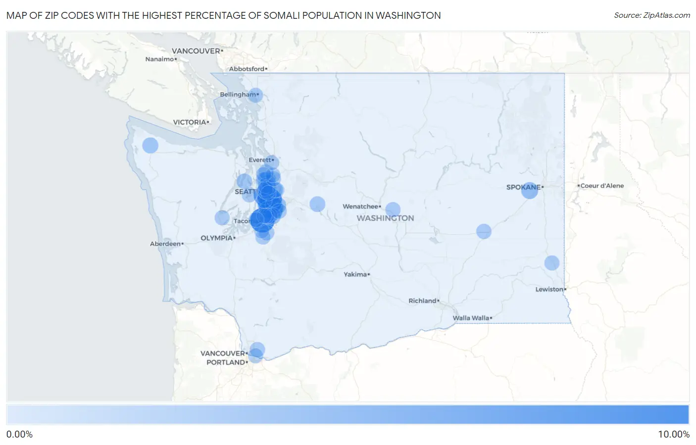 Zip Codes with the Highest Percentage of Somali Population in Washington Map