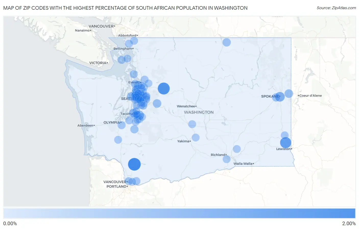 Zip Codes with the Highest Percentage of South African Population in Washington Map