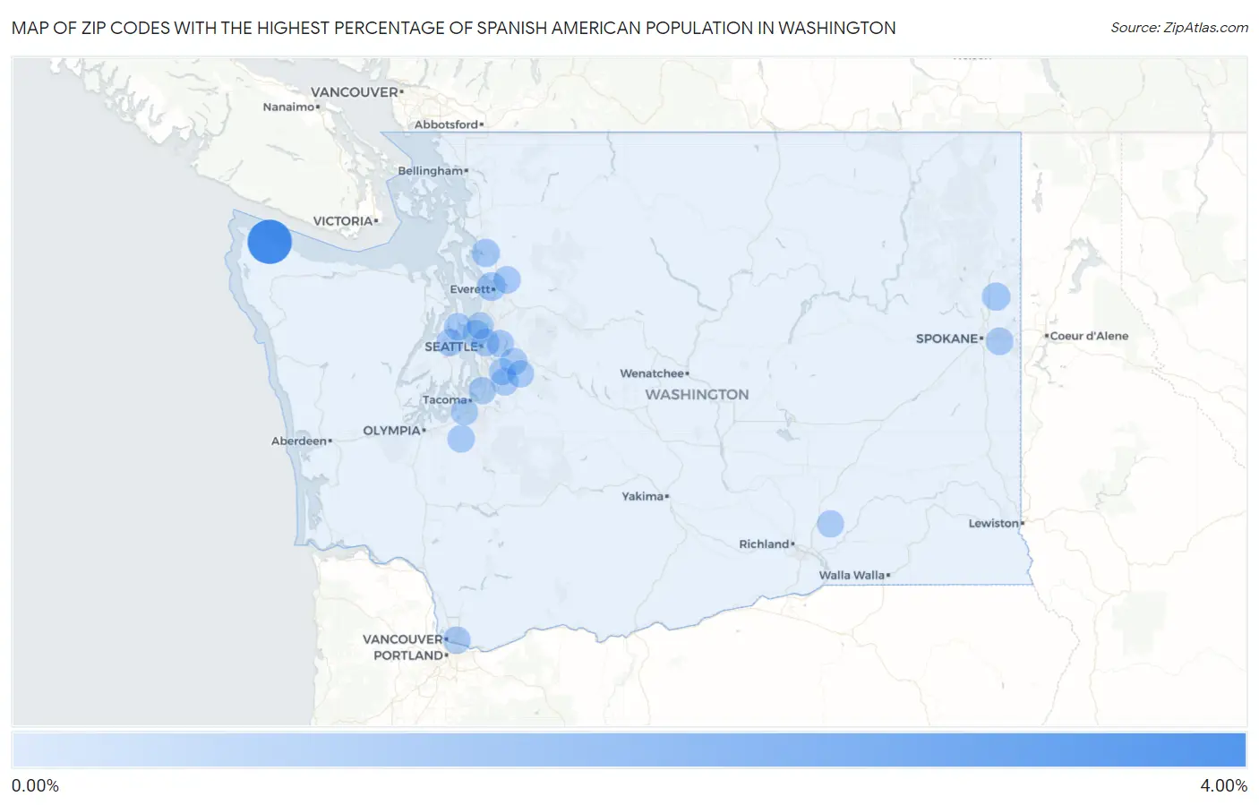 Zip Codes with the Highest Percentage of Spanish American Population in Washington Map