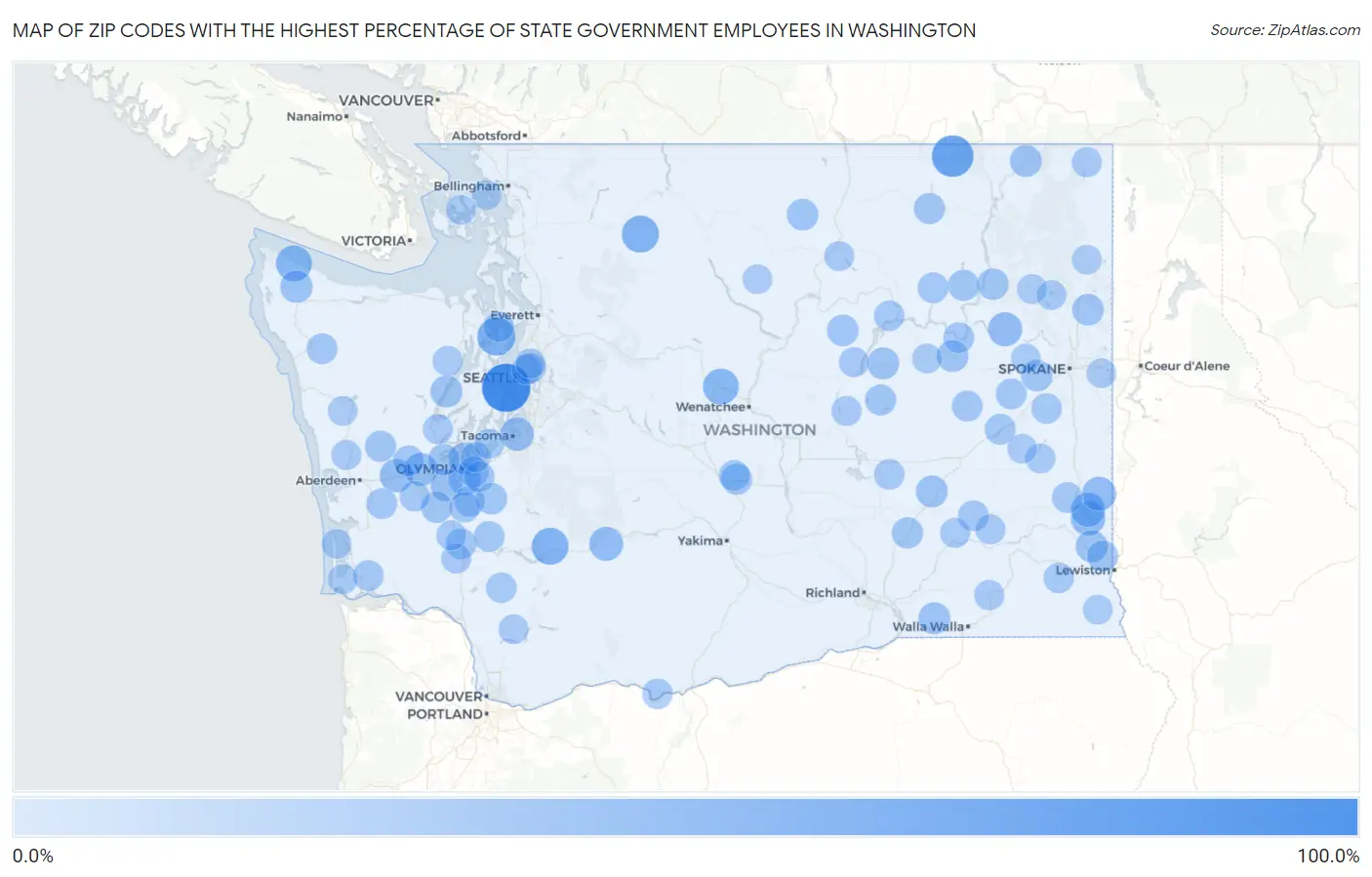 Zip Codes with the Highest Percentage of State Government Employees in Washington Map