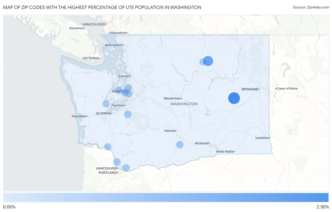 Zip Codes with the Highest Percentage of Ute Population in Washington Map
