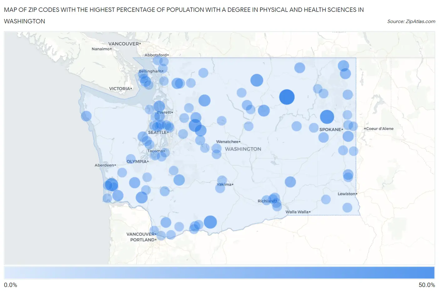 Zip Codes with the Highest Percentage of Population with a Degree in Physical and Health Sciences in Washington Map